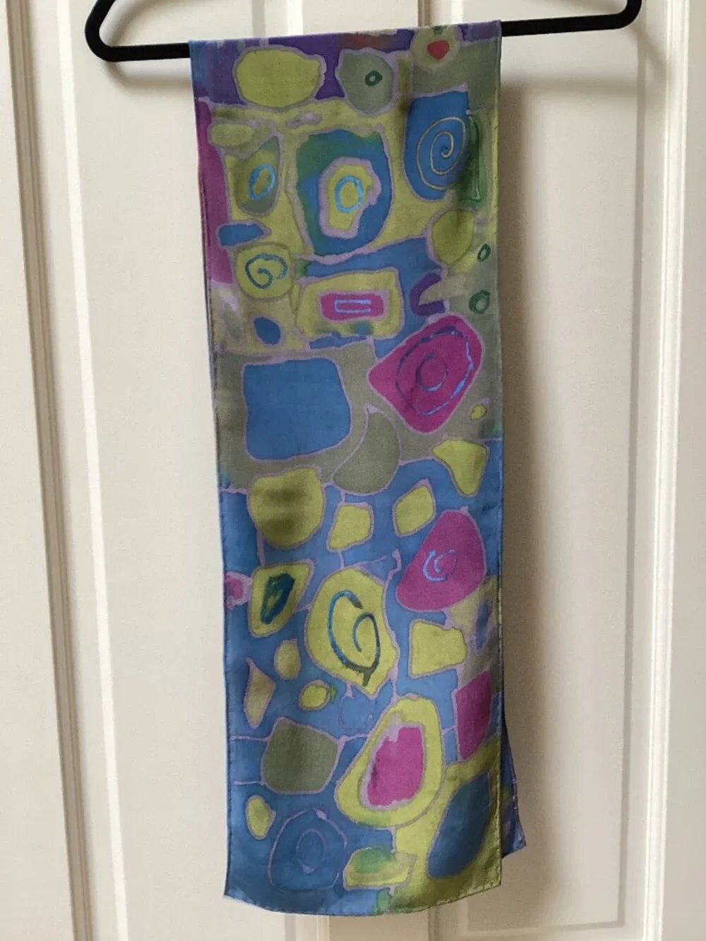 Blue, purple, green silk abstract scarf with flaw (10